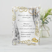 ゴールドの結婚指輪とハートの返信カード 招待状 (スタンド正面)