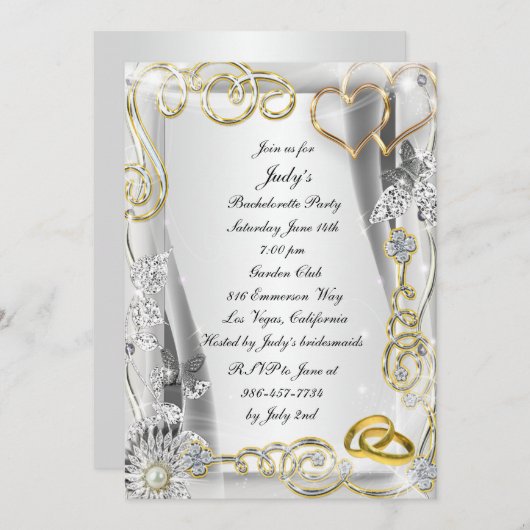 ゴールドの結婚指輪 ハート バチェロレッテパーティー招待状 招待状 (正面/裏面)