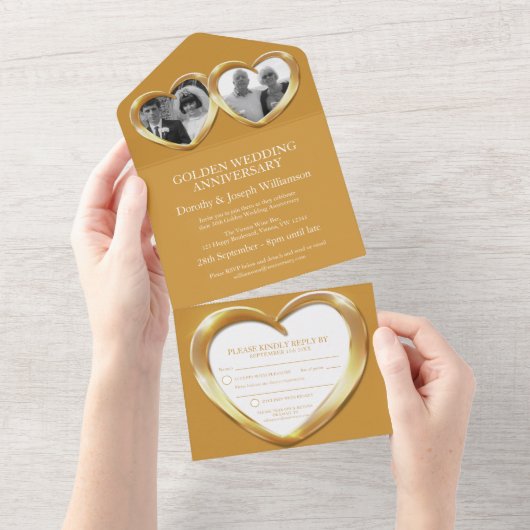 ゴールドの結婚記念日 50周年パーティー イベント アル オールインワン招待状 (貼ってはがせる)