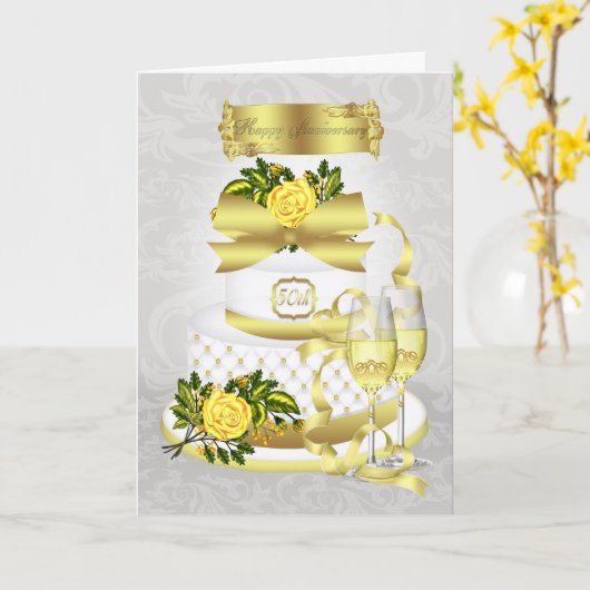 ゴールドの結婚50周年グリーティングカード（ケーキ付き） カード (黄色い花)