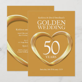 ゴールドの結婚50周年ハート型パーティ招待状 招待状