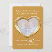 ゴールドの結婚50周年 ハートの写真 パーティ招待状 招待状 (正面)
