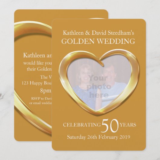 ゴールドの結婚50周年 ハートの写真 パーティ招待状 招待状 (正面/裏面)
