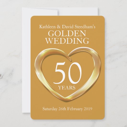 ゴールドの結婚50周年 ハート型金パーティ招待状 招待状 (正面)