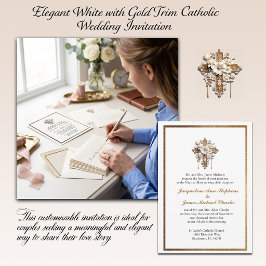 ゴールドの縁取りが施されたエレガントなホワイトのカトリックウェディング 招待状