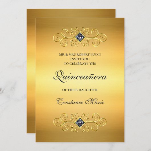 ゴールドの美しいキンセアニエラの招待状 招待状 (正面/裏面)