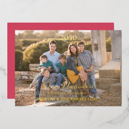 ゴールドの美しい家族写真テンプレート 赤いフェリズナビダッド スペイン語 ゴールド  箔シーズンカード (正面/裏面)