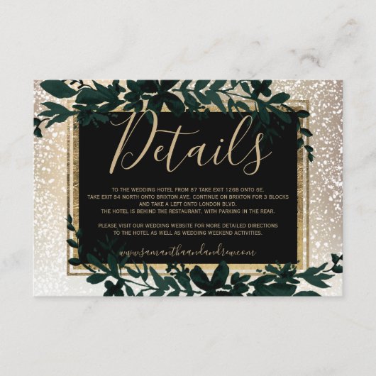 ゴールドの美しい文字飾りと葉の雪のエレガントな冬のディテール エンクロージャーカード (正面)