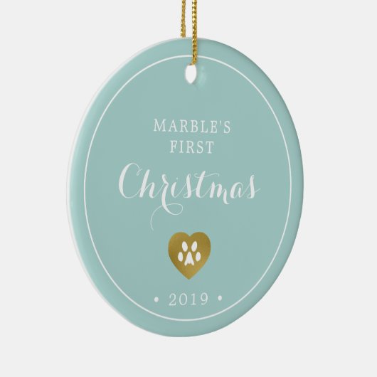ゴールドの肉球 猫のファーストクリスマス写真 セラミックオーナメント (右)