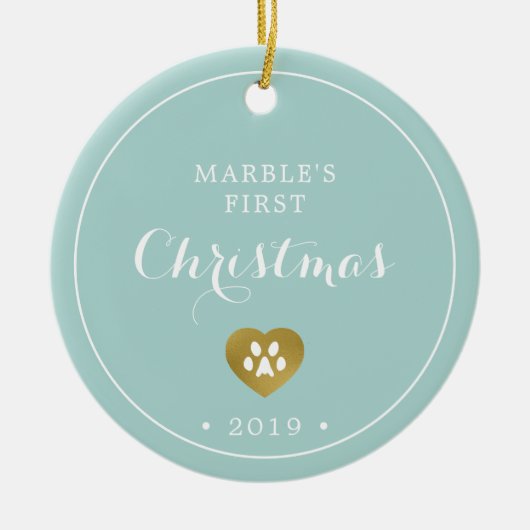 ゴールドの肉球 猫のファーストクリスマス写真 セラミックオーナメント (正面)