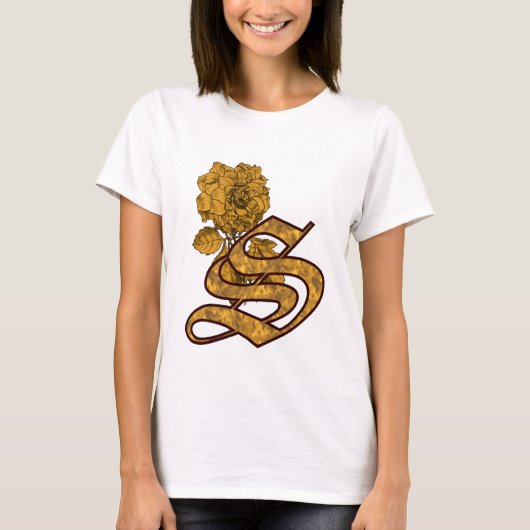 ゴールドの芍薬のエレガントなモノグラムイニシャル S Tシャツ (正面)