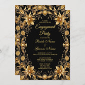 ゴールドの花柄エンゲージメント招待状 招待状 (正面/裏面)