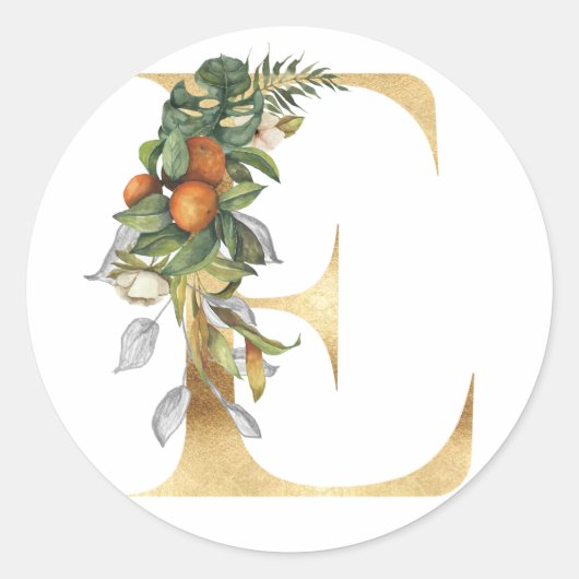 ゴールドの花柄モノグラム クラシック ラウンド ステッカー (正面)