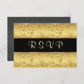 ゴールドの花柄 黒  出欠返信 出欠カード (正面/裏面)