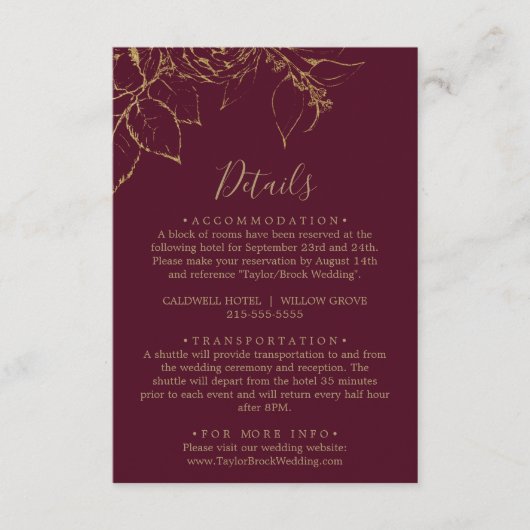 ゴールドの花模様があしらわれたワインレッドのカード エンクロージャーカード (正面)