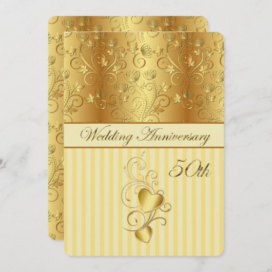 ゴールドの花模様とハートの50周年結婚記念日 招待状 (正面/裏面)