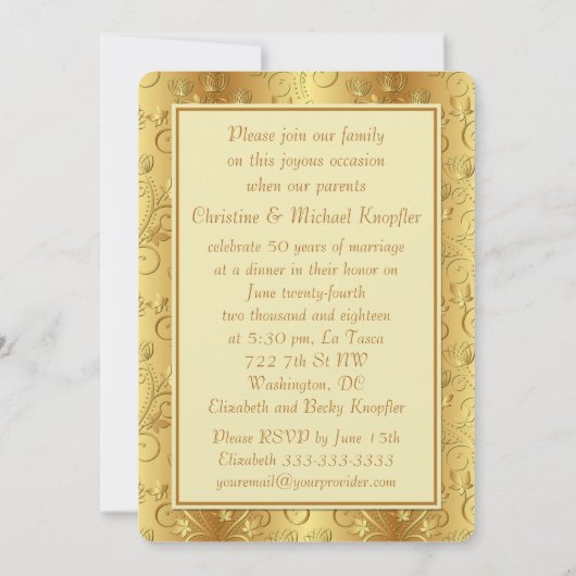 ゴールドの花模様とハートの50周年結婚記念日 招待状 (裏面)