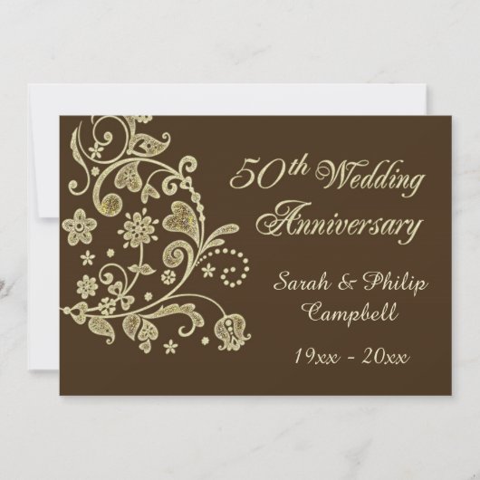 ゴールドの花模様とハート 50周年記念結婚式 招待状 (正面)