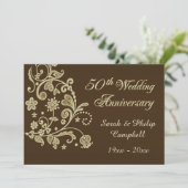 ゴールドの花模様とハート 50周年記念結婚式 招待状 (スタンド正面)