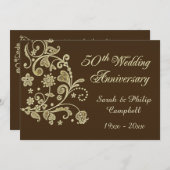 ゴールドの花模様とハート 50周年記念結婚式 招待状 (正面/裏面)