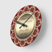 ゴールドの花模様の渦巻き 赤 50周年記念結婚式 ラウンド壁時計 (傾斜)