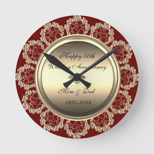 ゴールドの花模様の渦巻き 赤 50周年記念結婚式 ラウンド壁時計 (正面)