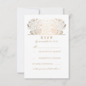 ゴールドの花模様グレーの白い結婚式の出欠確認カード 出欠カード (正面)