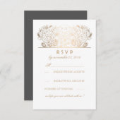 ゴールドの花模様グレーの白い結婚式の出欠確認カード 出欠カード (正面/裏面)