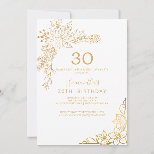 ゴールドの花模様 | クリームとゴールドの30歳の誕生日 招待状 (正面)
