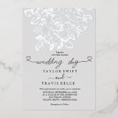 ゴールドの花模様 | シルバーフォイルグレー 結婚式の日 箔招待状 (正面)