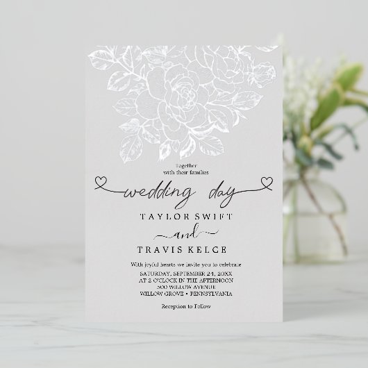 ゴールドの花模様 | シルバーフォイルグレー 結婚式の日 箔招待状 (立ち正面)