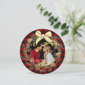 ゴールドの花輪が付いたバフロー柄の写真入りホリデーカード シーズンカード (スタンド正面)