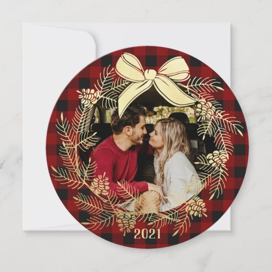 ゴールドの花輪が付いたバフロー柄の写真入りホリデーカード シーズンカード (正面)