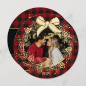 ゴールドの花輪が付いたバフロー柄の写真入りホリデーカード シーズンカード (正面/裏面)