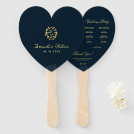 ゴールドの花輪の青いハートの結婚式プログラムのモノグラム ハンドファン