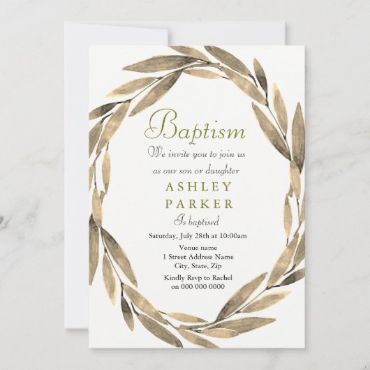 ゴールドの花輪 ゴールドの葉 男の子 女の子 洗礼 招待状 (正面)