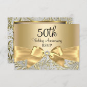 ゴールドの花飾り付50周年返信カード 出欠カード (正面/裏面)