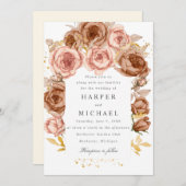 ゴールドの茶色のブッシュピンクのローズのウェディング 招待状 (正面/裏面)