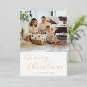ゴールドの華やかな筆記体 メリークリスマス 写真入り 箔シーズンカード (立ち正面)