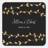 ゴールドの葉が華やかなブラック&ホワイトの結婚式 スクエアシール (正面)