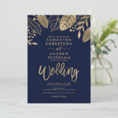 ゴールドの葉が落ちるタイポグラフィー ネイビーブルーの結婚式 招待状 (スタンド正面)