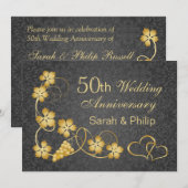 ゴールドの葉とハートのマーク 50周年記念 招待状 (正面/裏面)