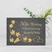 ゴールドの葉とハートの寄り添う形 50周年記念 招待状 (スタンド正面)