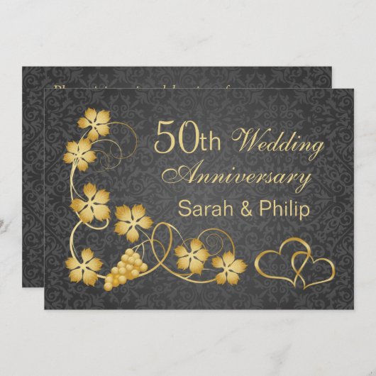 ゴールドの葉とハートの組み合わせ 50周年記念 招待状 (正面/裏面)