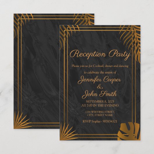 ゴールドの葉と幾何学的なフレーム 現代の受付 招待状 (正面/裏面)