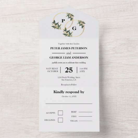 ゴールドの葉のオールインワン結婚式招待状 オールインワン招待状 (内側)