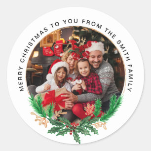 ゴールドの葉のグリーン 白 リースと写真 クリスマス ラウンドシール