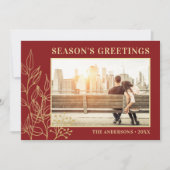 ゴールドの葉のバーガンディ写真 シーズンズグリーティング シーズンカード (正面)