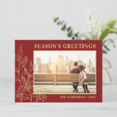 ゴールドの葉のバーガンディ写真 シーズンズグリーティング シーズンカード (スタンド正面)