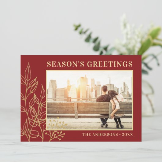 ゴールドの葉のバーガンディ写真 シーズンズ・グリーティング シーズンカード (スタンド正面)